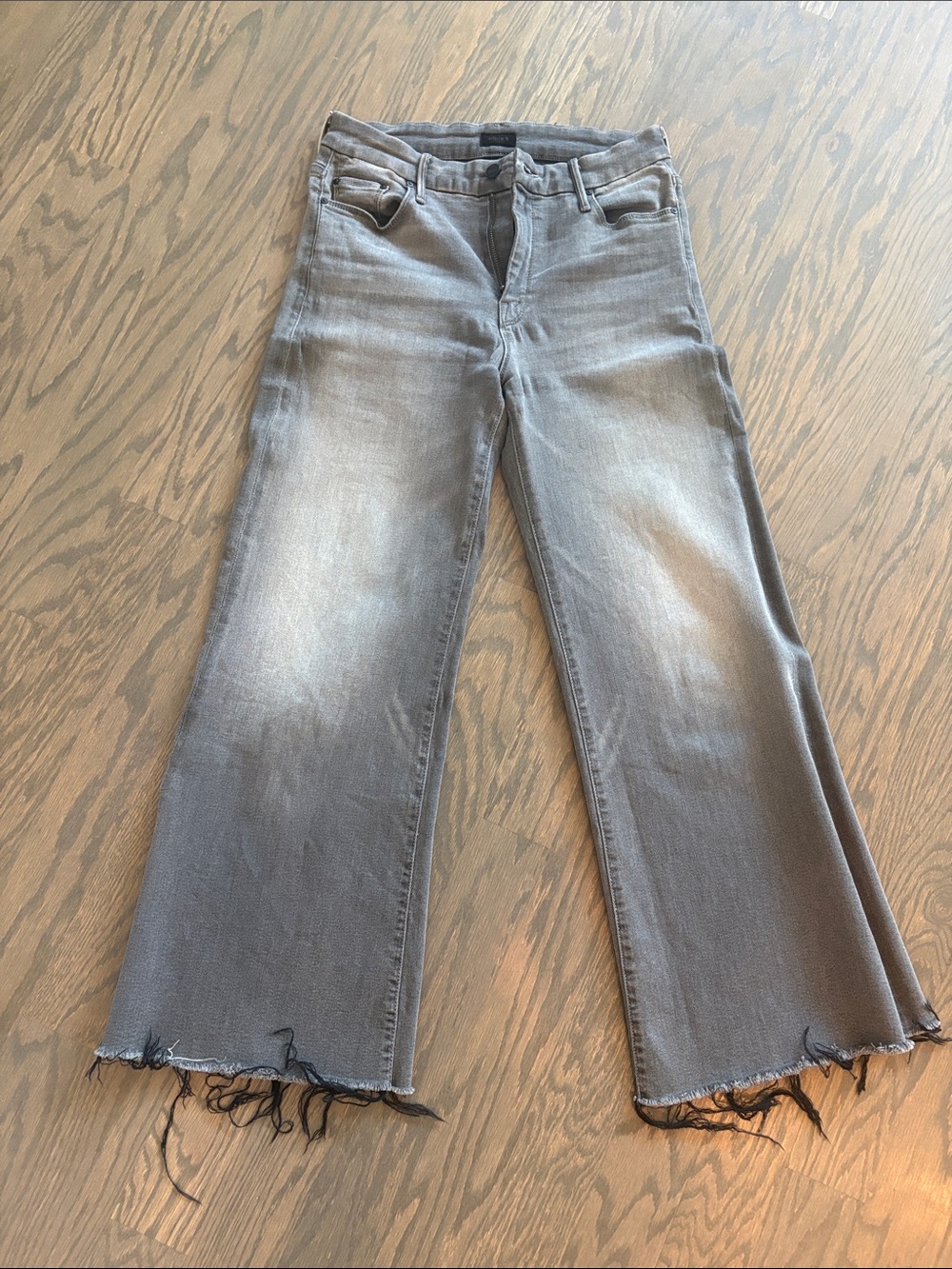MOTHER Gray Washed Wide-Leg Jeans with Raw Frayed Hem
